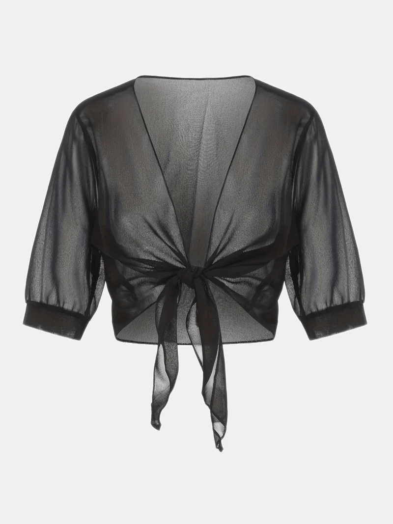Damen transparente Kurzbluse mit Bindung vorne und kurzen Ärmeln