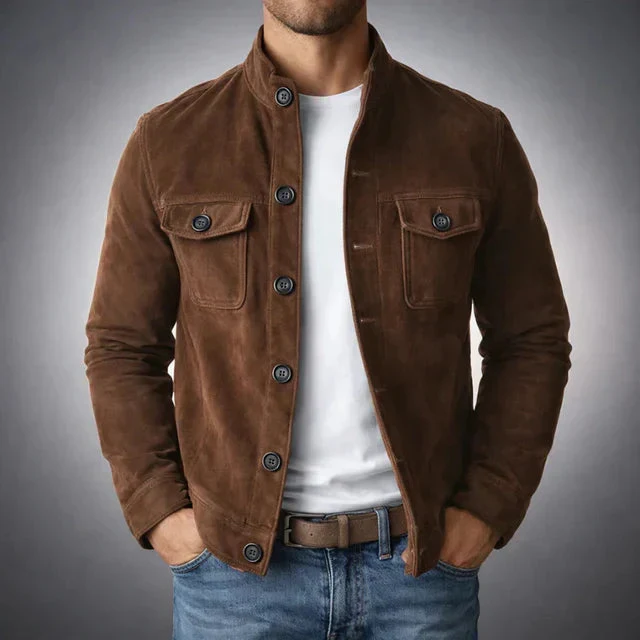 Herren Jacke mit Knopfleiste, Stehkragen und Brusttaschen mit Klappe