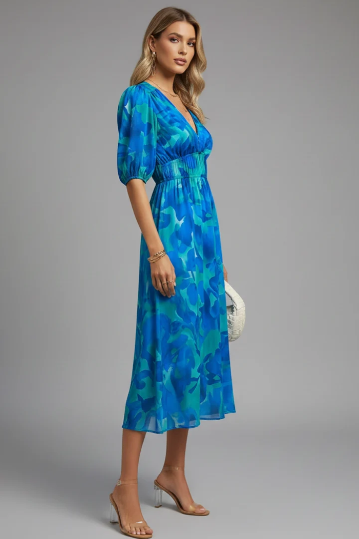 Damen Midikleid mit V-Ausschnitt, elastischer Taille und Puffärmeln