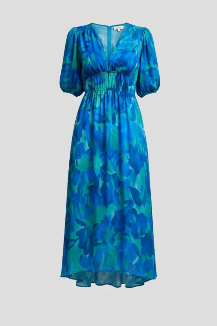 Damen Midikleid mit V-Ausschnitt, elastischer Taille und Puffärmeln