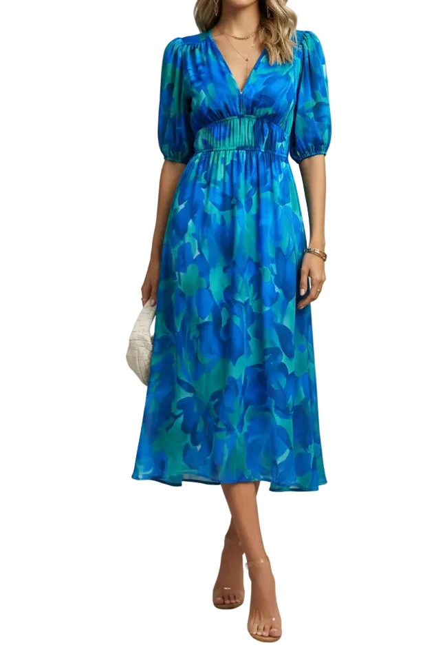 Damen Midikleid mit V-Ausschnitt, elastischer Taille und Puffärmeln