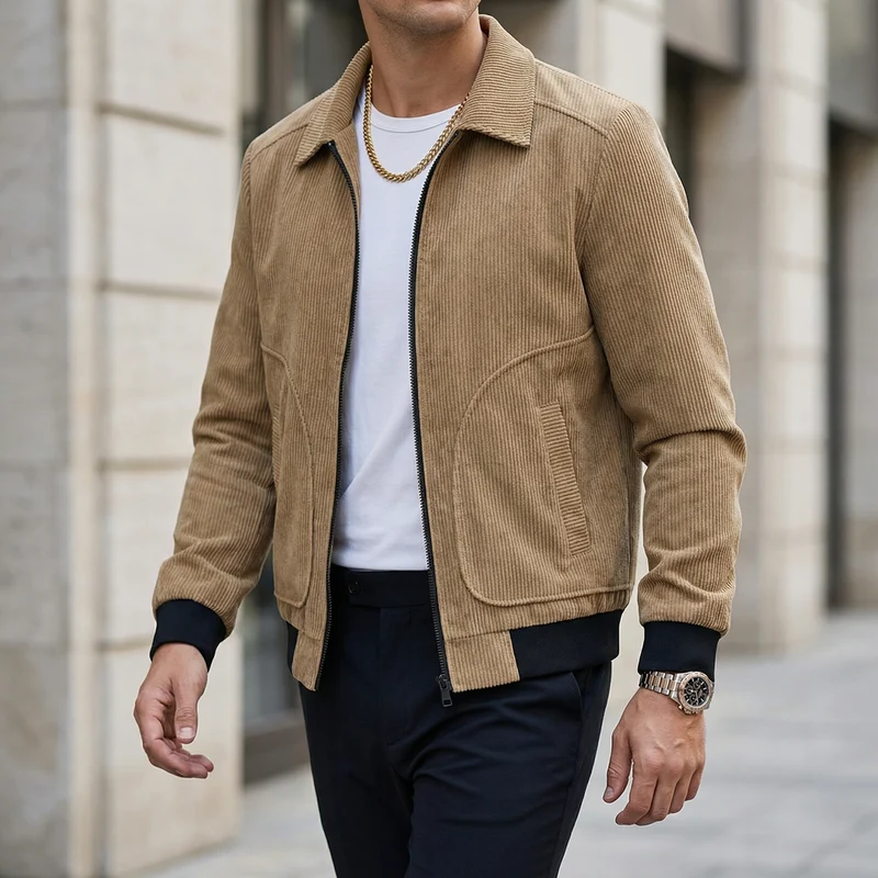 Herren Cordjacke mit Reißverschluss und gerippten Bündchen