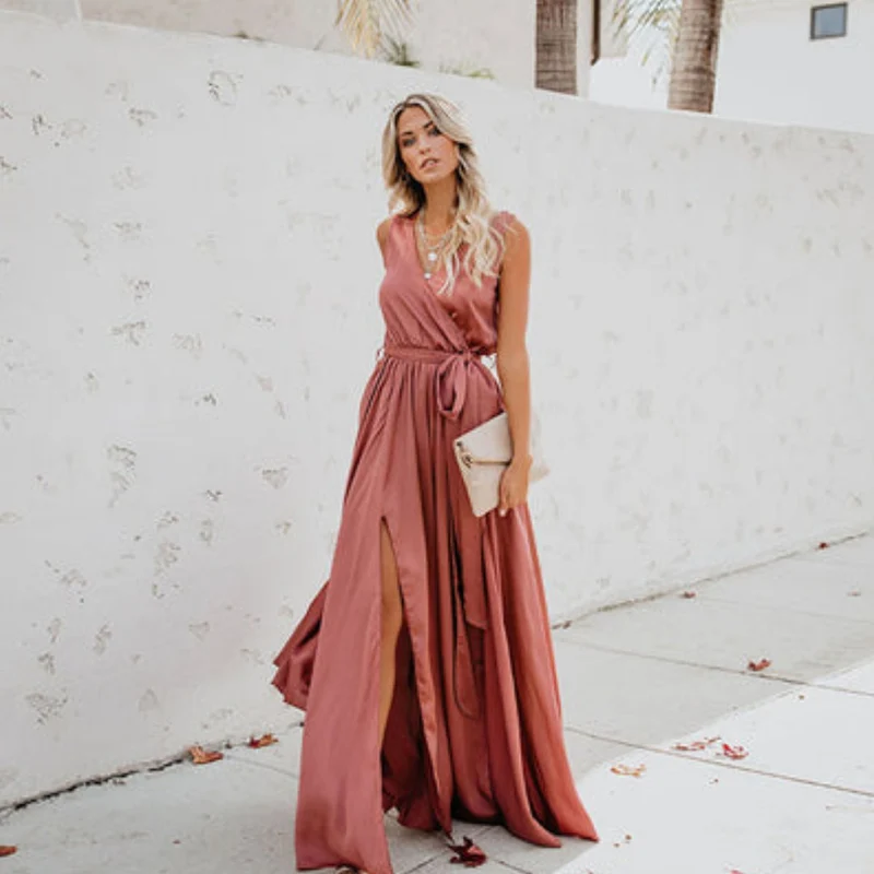 Elisabeth | Damen Maxi-Kleid mit Taillenband und Seitenschlitz