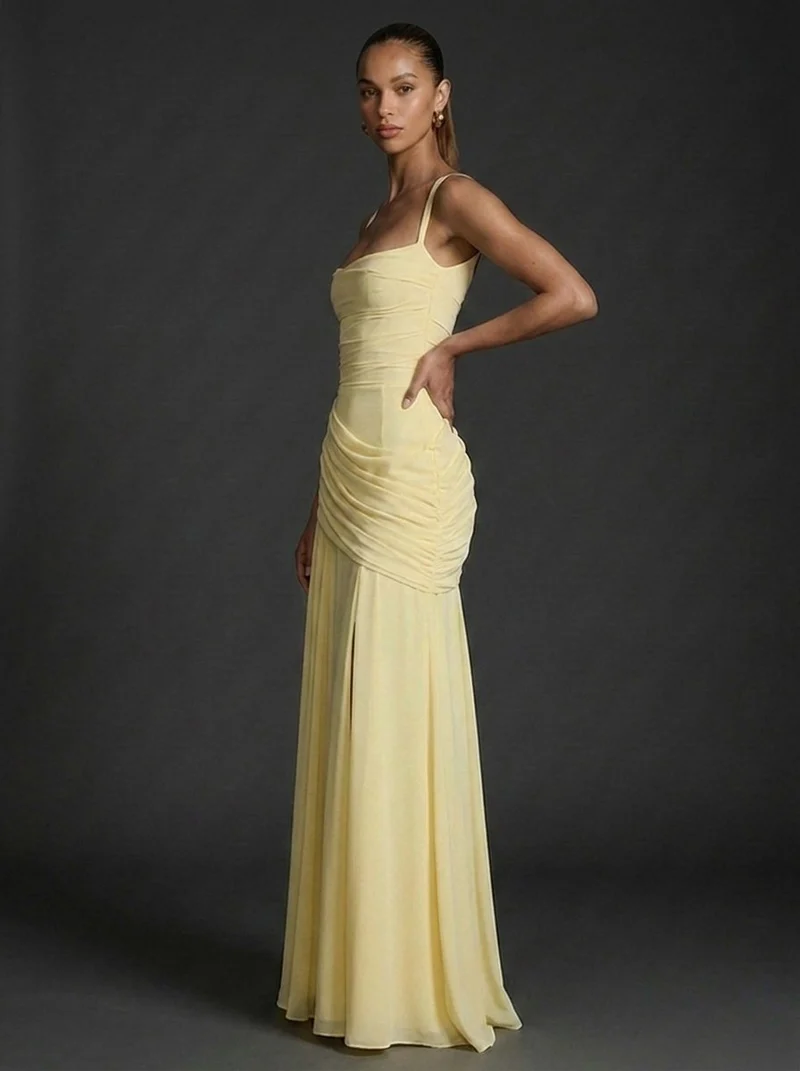 Mia | Damen Träger Gerafftes Maxi Hochzeitsgast Kleid