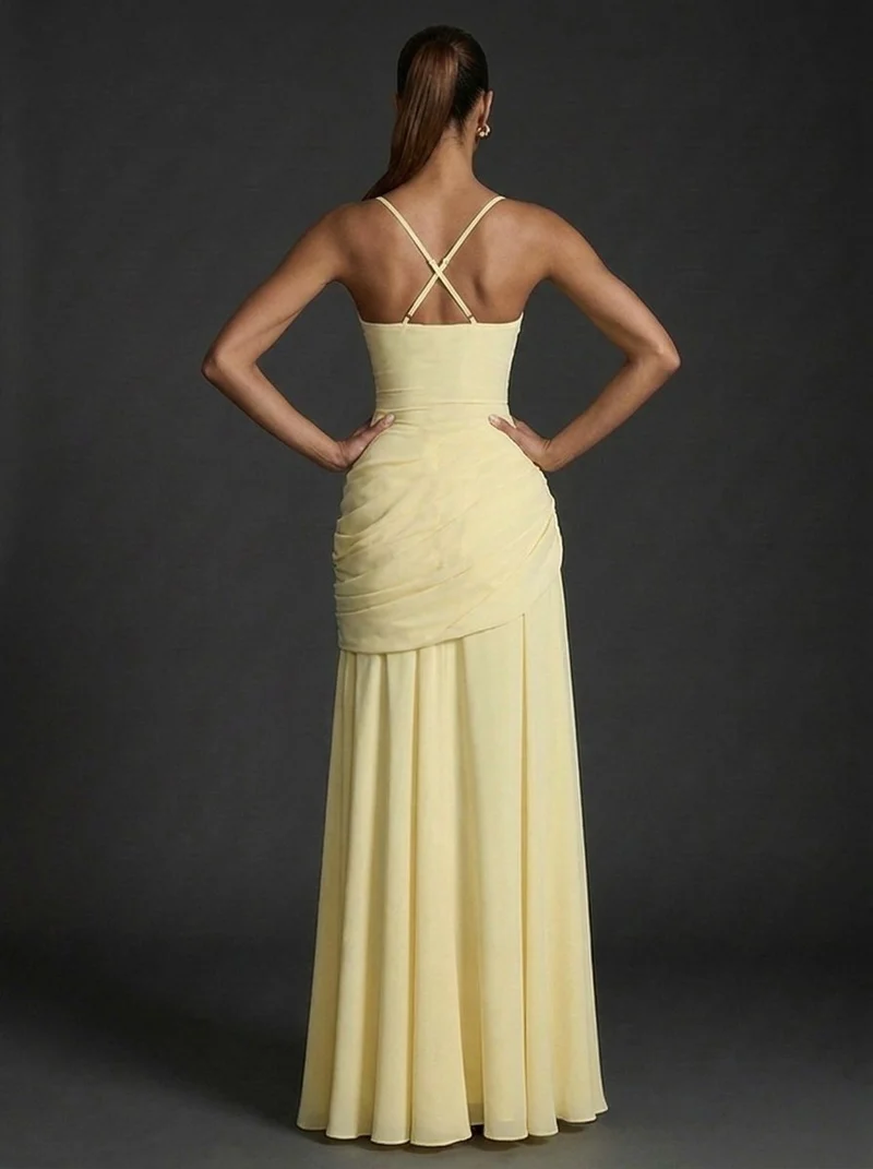 Mia | Damen Träger Gerafftes Maxi Hochzeitsgast Kleid