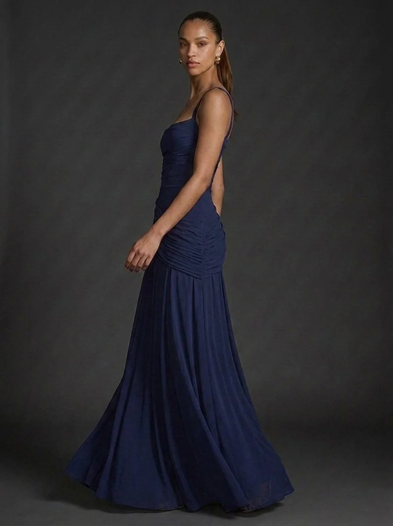 Mia | Damen Träger Gerafftes Maxi Hochzeitsgast Kleid
