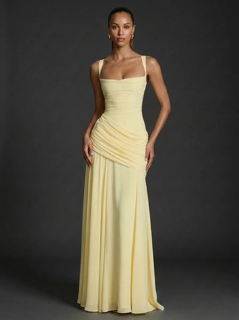 Mia | Damen Träger Gerafftes Maxi Hochzeitsgast Kleid