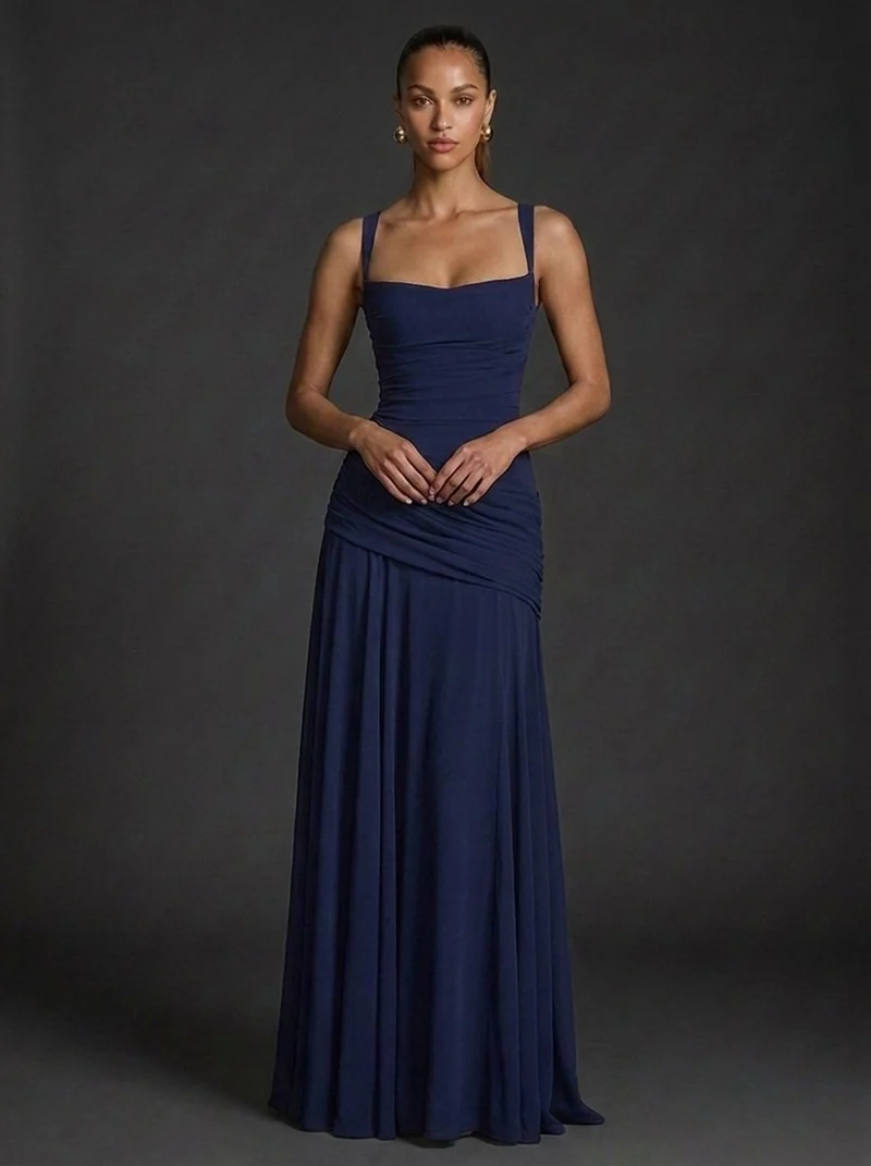 Mia | Damen Träger Gerafftes Maxi Hochzeitsgast Kleid