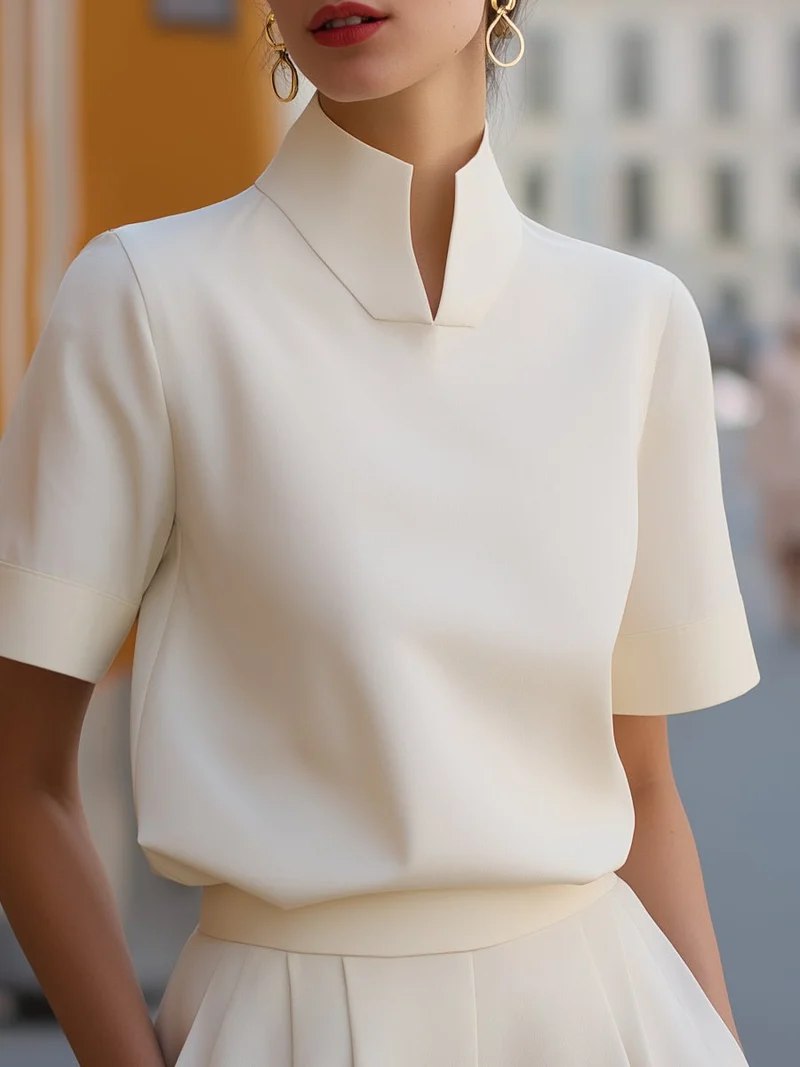 Marlene | Damen Business Stehkragen Kurzarm Bluse