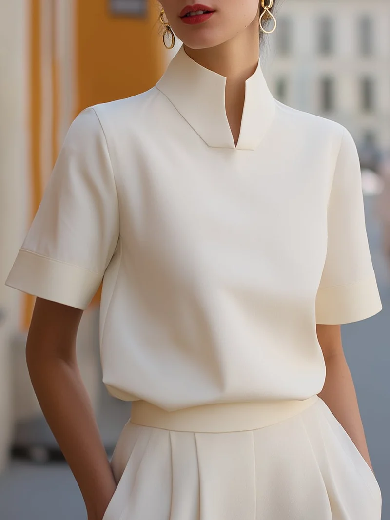 Marlene | Damen Business Stehkragen Kurzarm Bluse