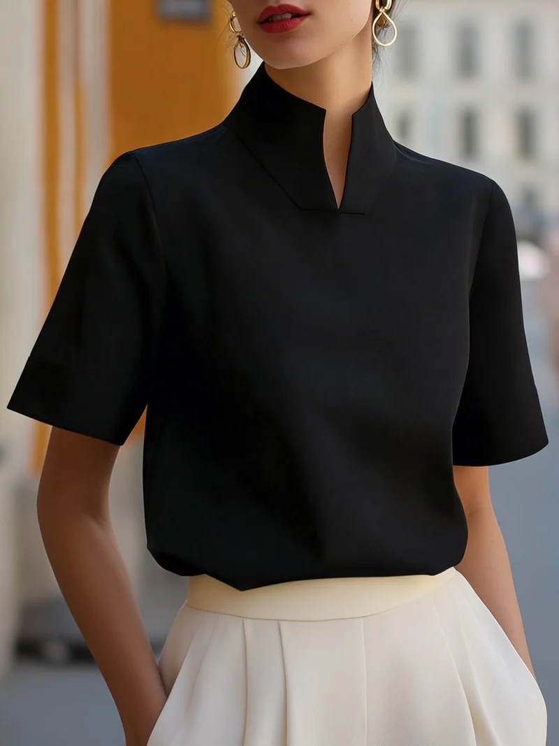 Marlene | Damen Business Stehkragen Kurzarm Bluse