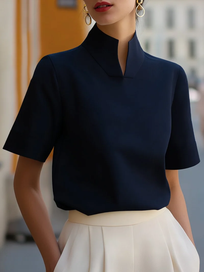 Marlene | Damen Business Stehkragen Kurzarm Bluse