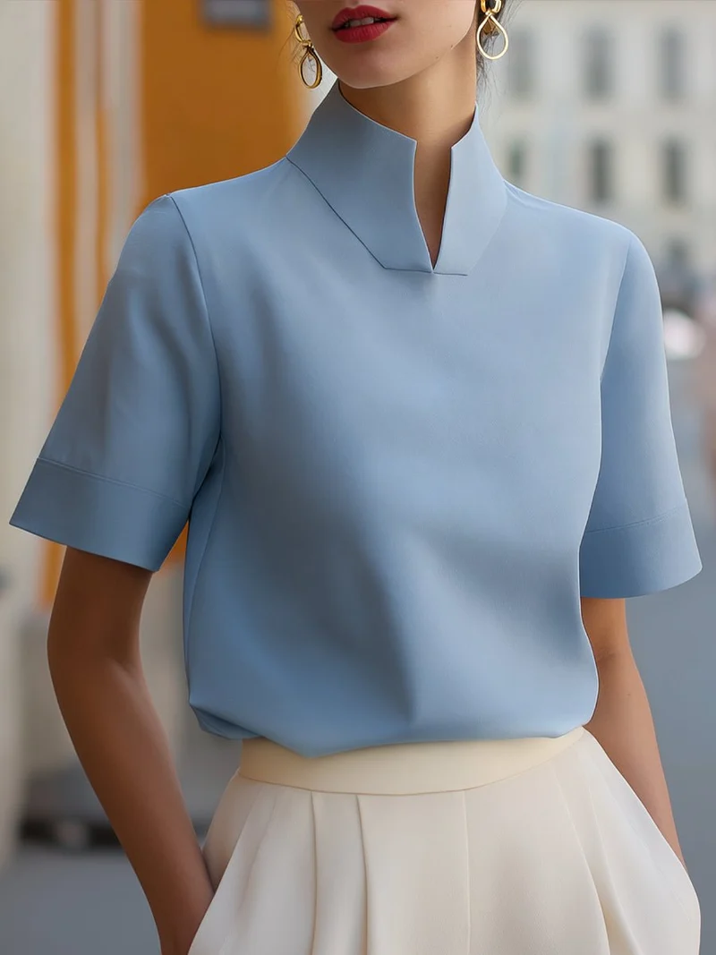 Marlene | Damen Business Stehkragen Kurzarm Bluse