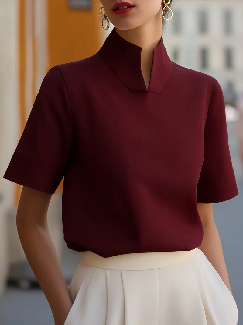 Marlene | Damen Business Stehkragen Kurzarm Bluse
