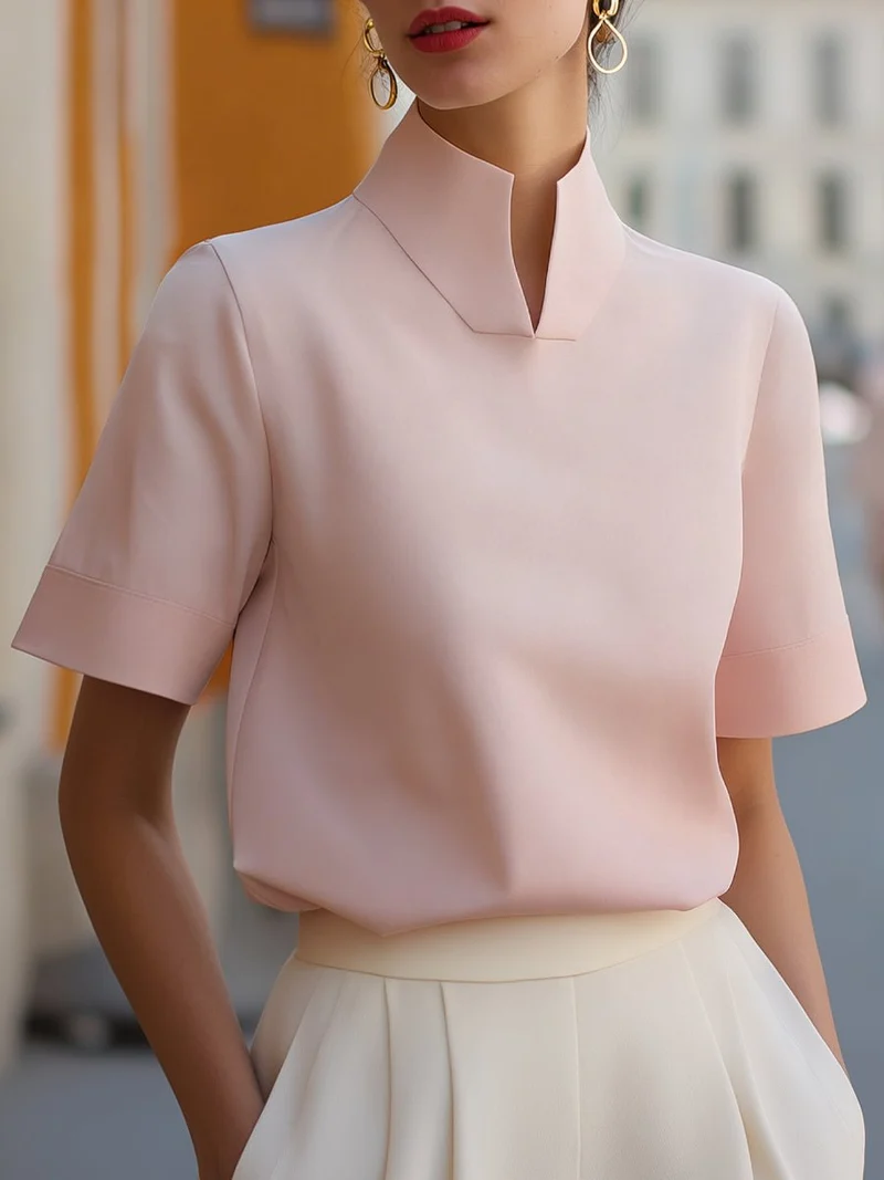 Marlene | Damen Business Stehkragen Kurzarm Bluse