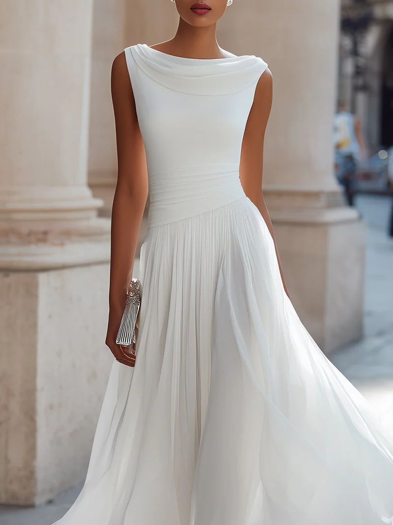 Hannah | Damen Ärmellos Plissee Midi-Kleid Drapierten Ausschnitt