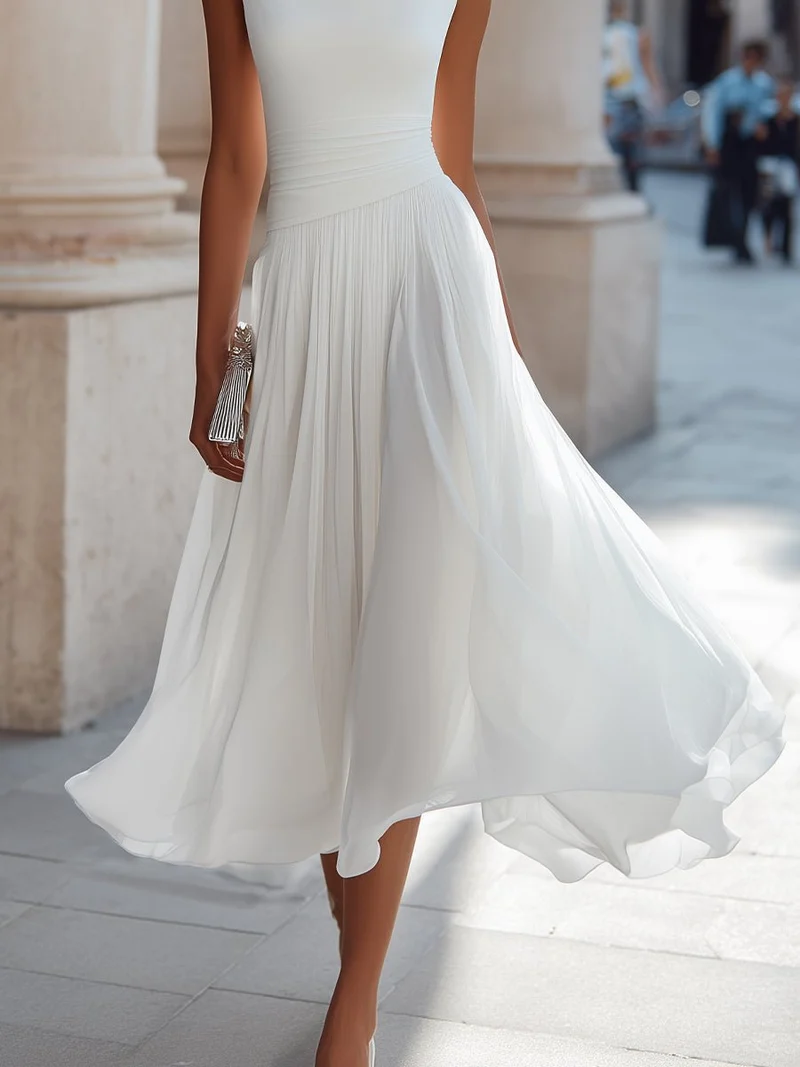 Hannah | Damen Ärmellos Plissee Midi-Kleid Drapierten Ausschnitt