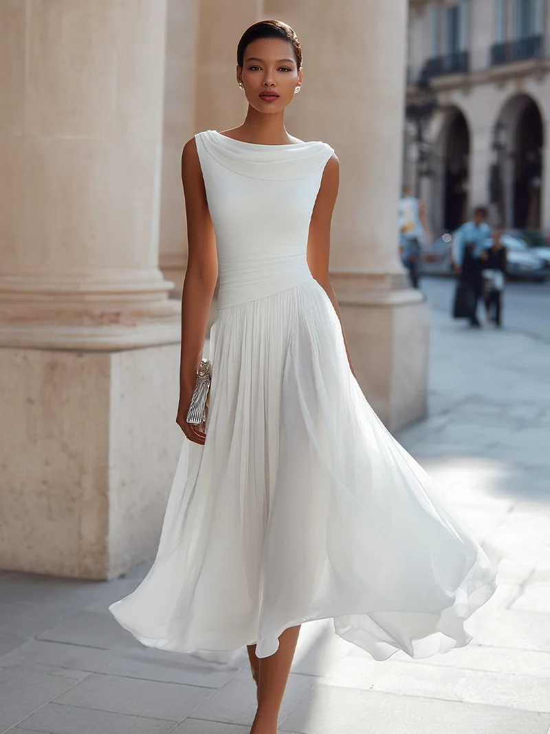 Hannah | Damen Ärmellos Plissee Midi-Kleid Drapierten Ausschnitt