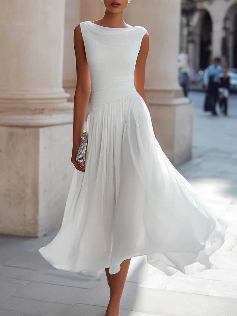 Hannah | Damen Ärmellos Plissee Midi-Kleid Drapierten Ausschnitt