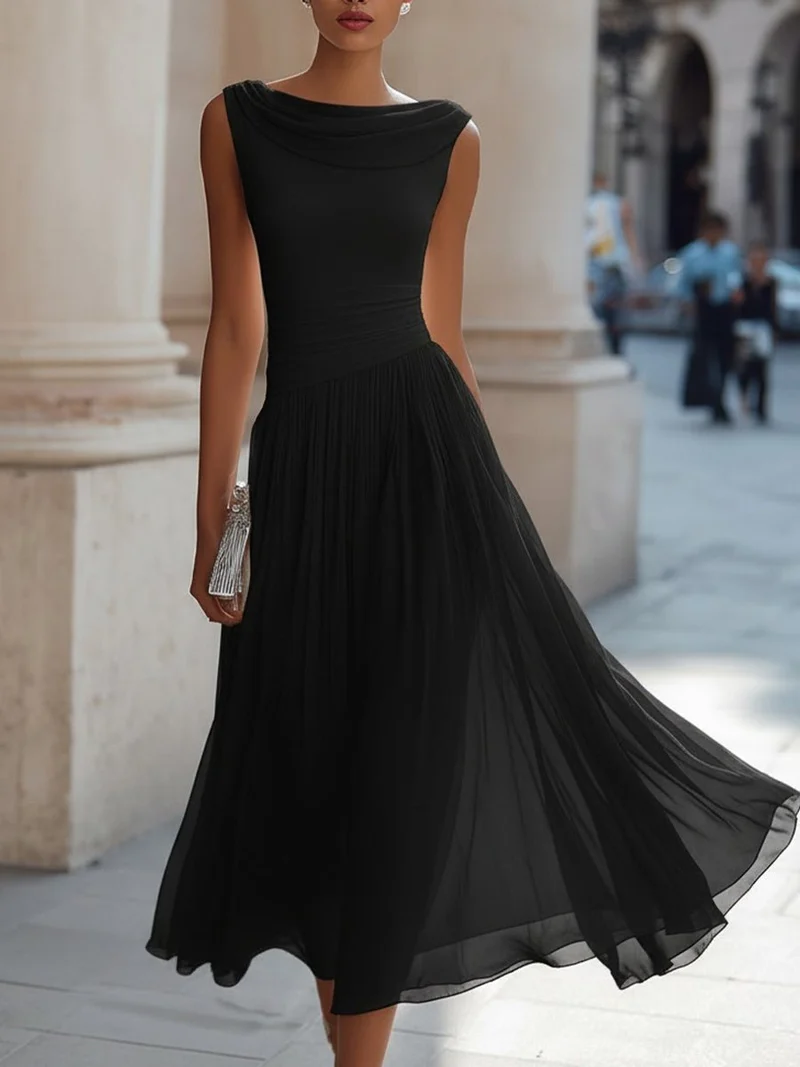 Hannah | Damen Ärmellos Plissee Midi-Kleid Drapierten Ausschnitt