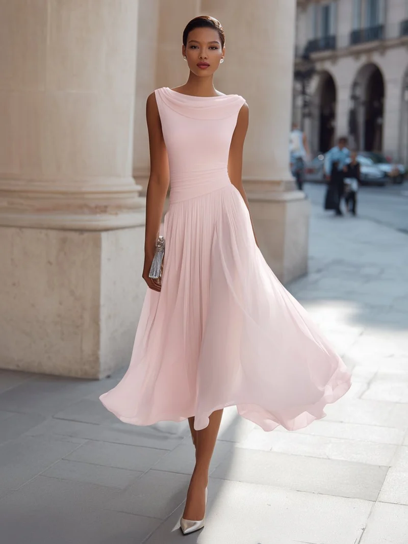 Hannah | Damen Ärmellos Plissee Midi-Kleid Drapierten Ausschnitt