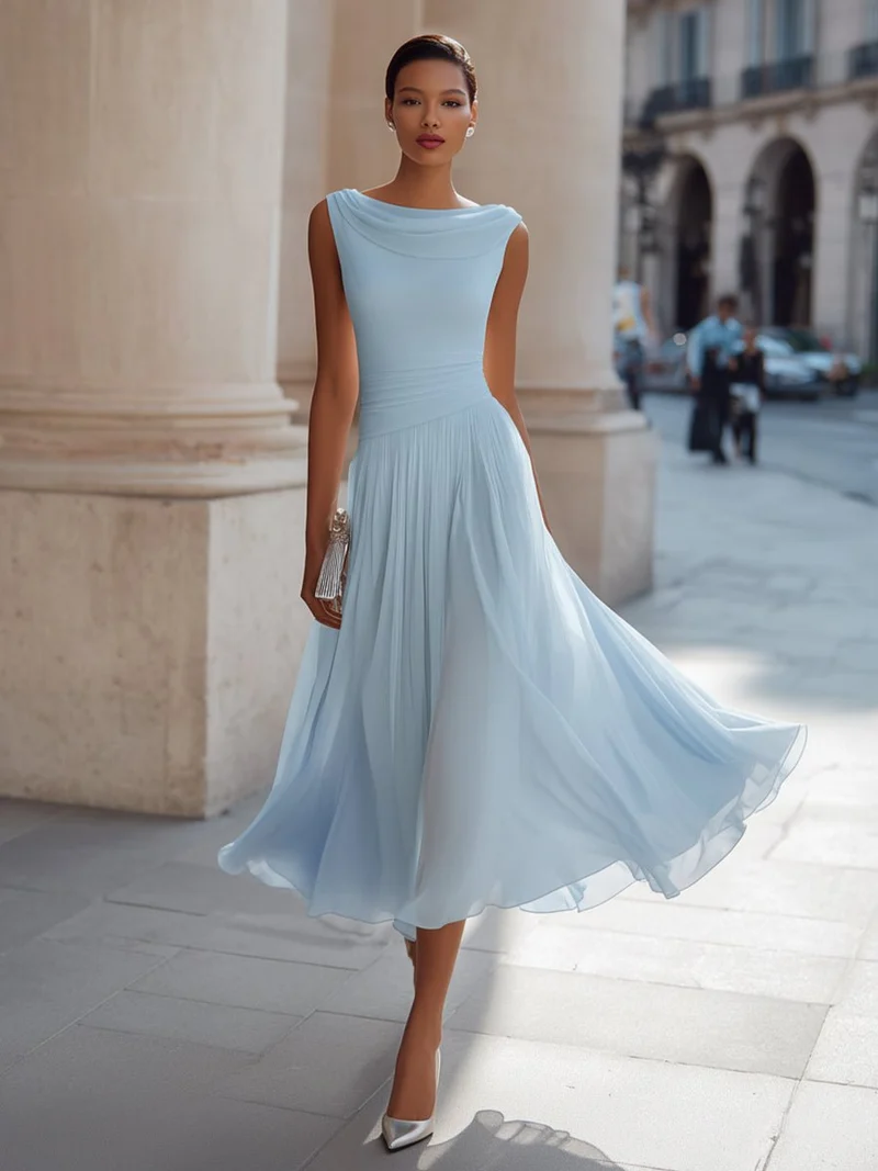 Hannah | Damen Ärmellos Plissee Midi-Kleid Drapierten Ausschnitt