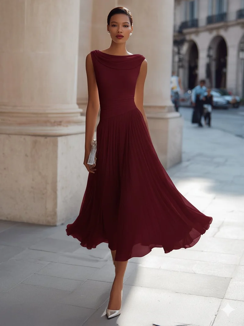 Hannah | Damen Ärmellos Plissee Midi-Kleid Drapierten Ausschnitt