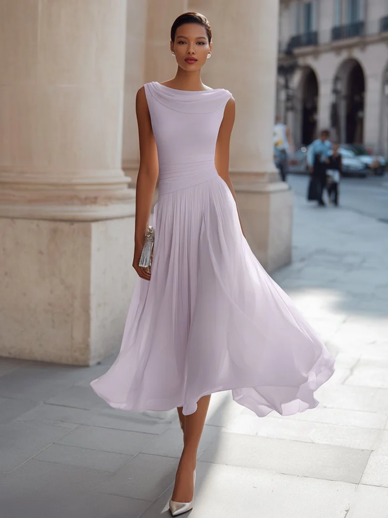 Hannah | Damen Ärmellos Plissee Midi-Kleid Drapierten Ausschnitt