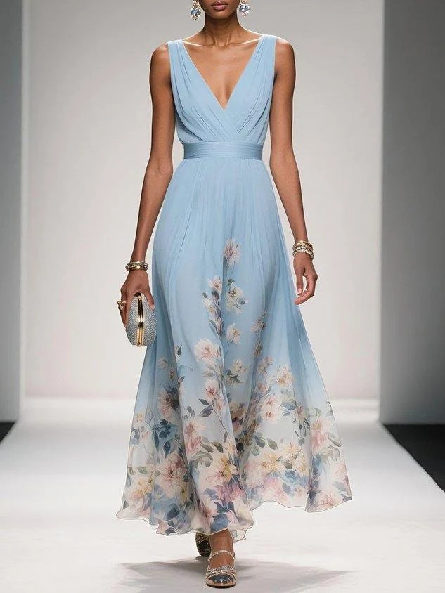 Emilia | Damen Blumen Maxikleid V-Ausschnitt Ärmellos
