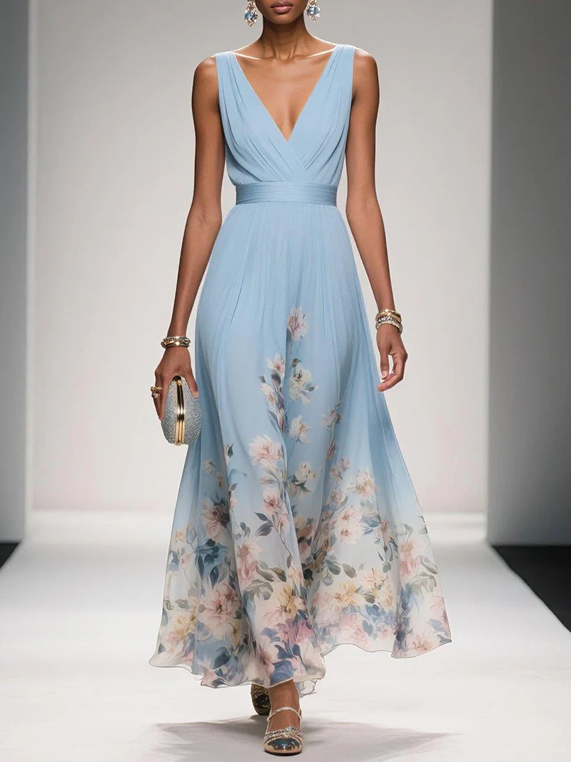 Emilia | Damen Blumen Maxikleid V-Ausschnitt Ärmellos