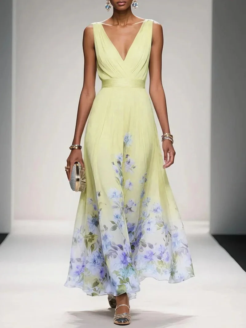Emilia | Damen Blumen Maxikleid V-Ausschnitt Ärmellos