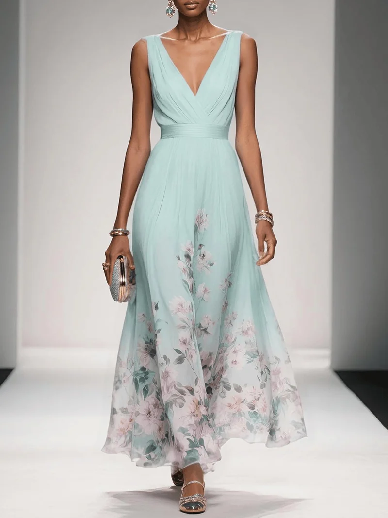 Emilia | Damen Blumen Maxikleid V-Ausschnitt Ärmellos