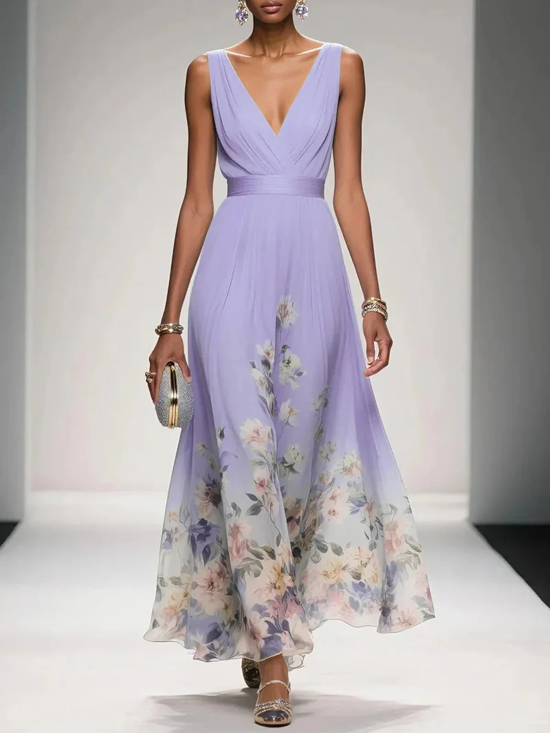 Emilia | Damen Blumen Maxikleid V-Ausschnitt Ärmellos