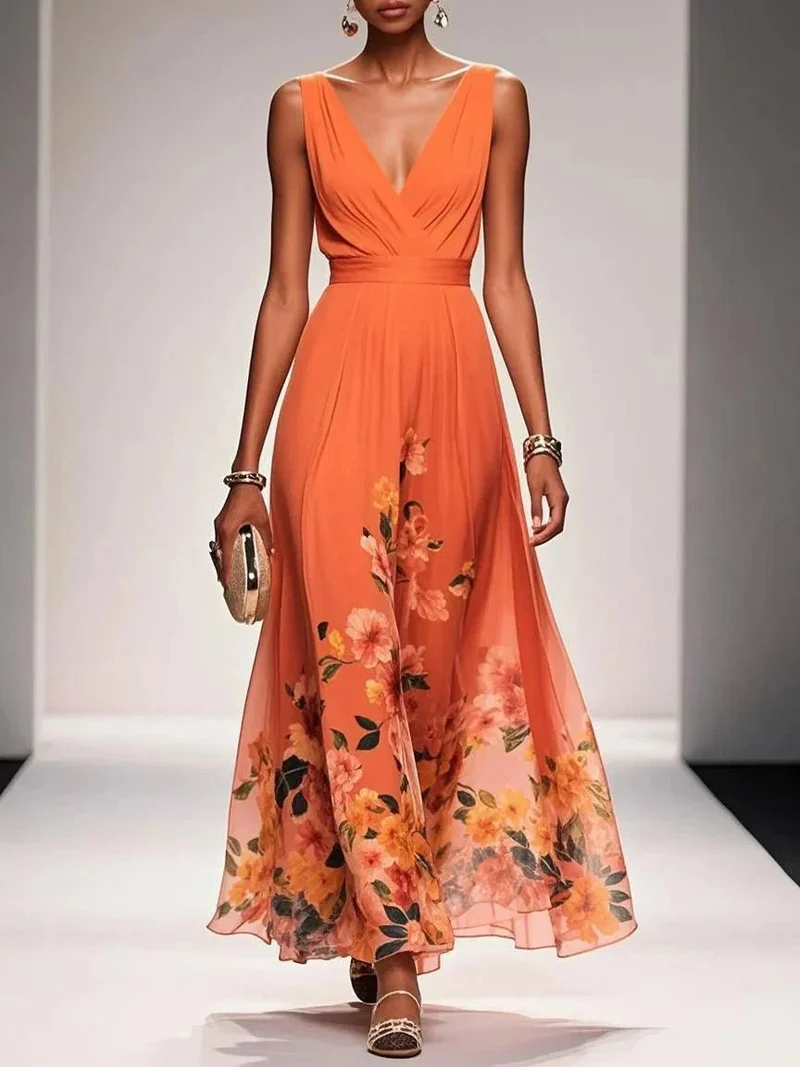 Emilia | Damen Blumen Maxikleid V-Ausschnitt Ärmellos