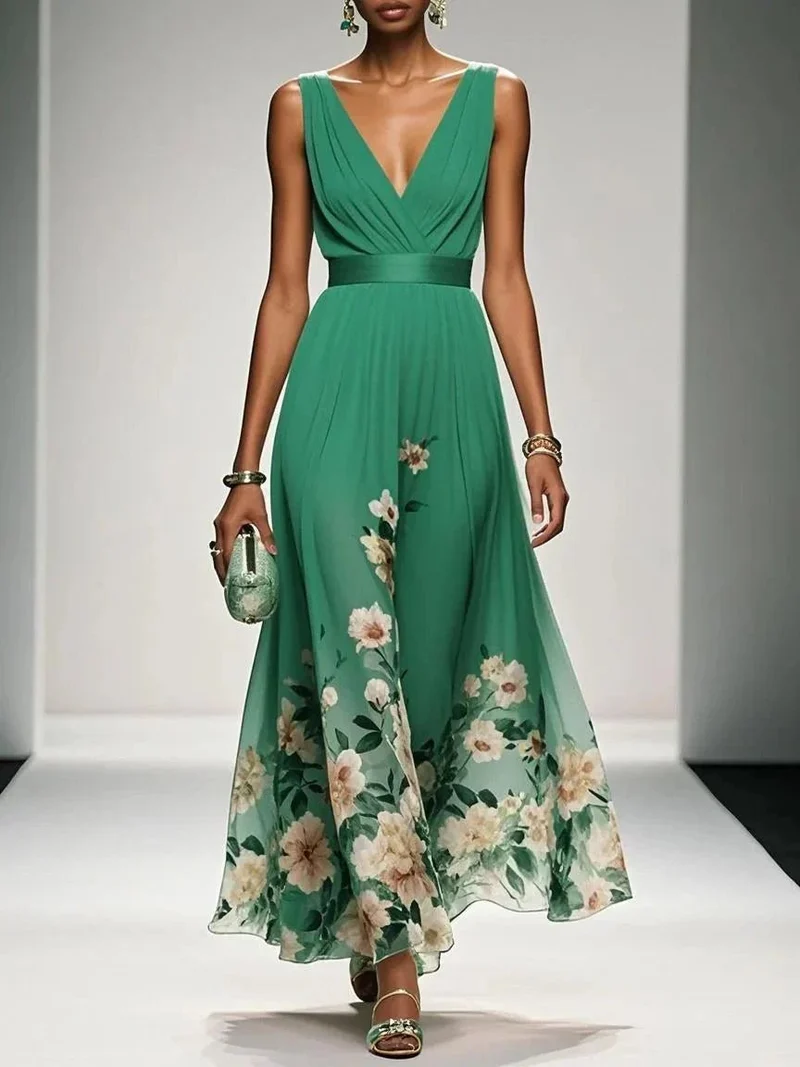 Emilia | Damen Blumen Maxikleid V-Ausschnitt Ärmellos