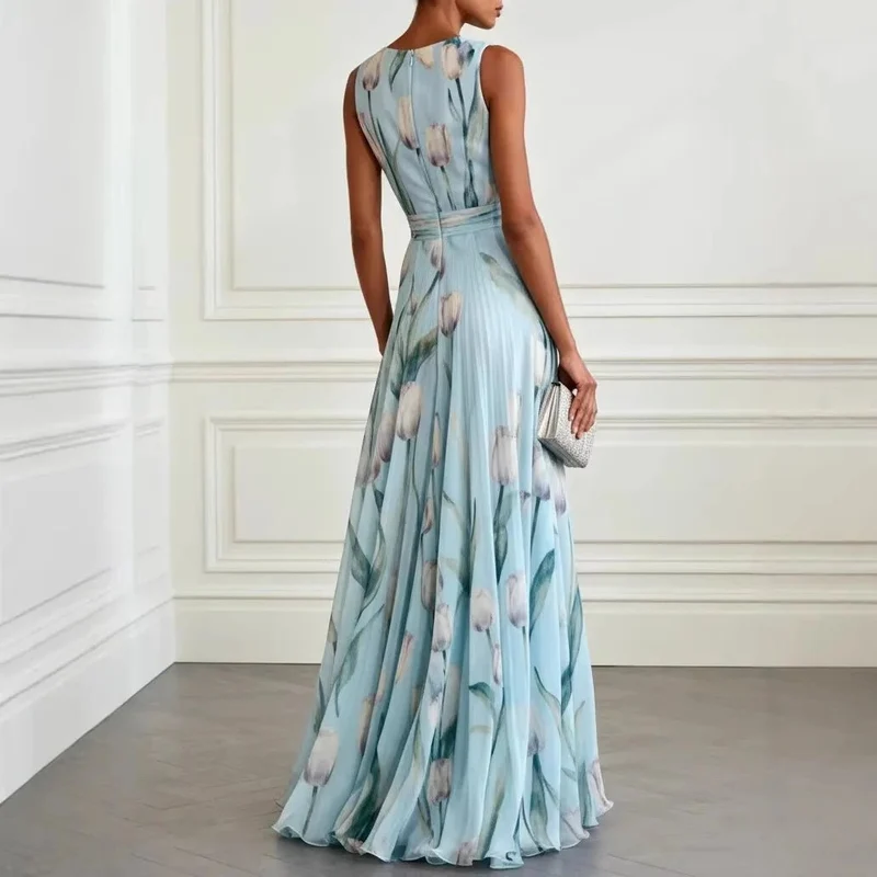 Luisa | Damen Tulpen-Print Chiffon V-Ausschnitt Maxi-Kleid
