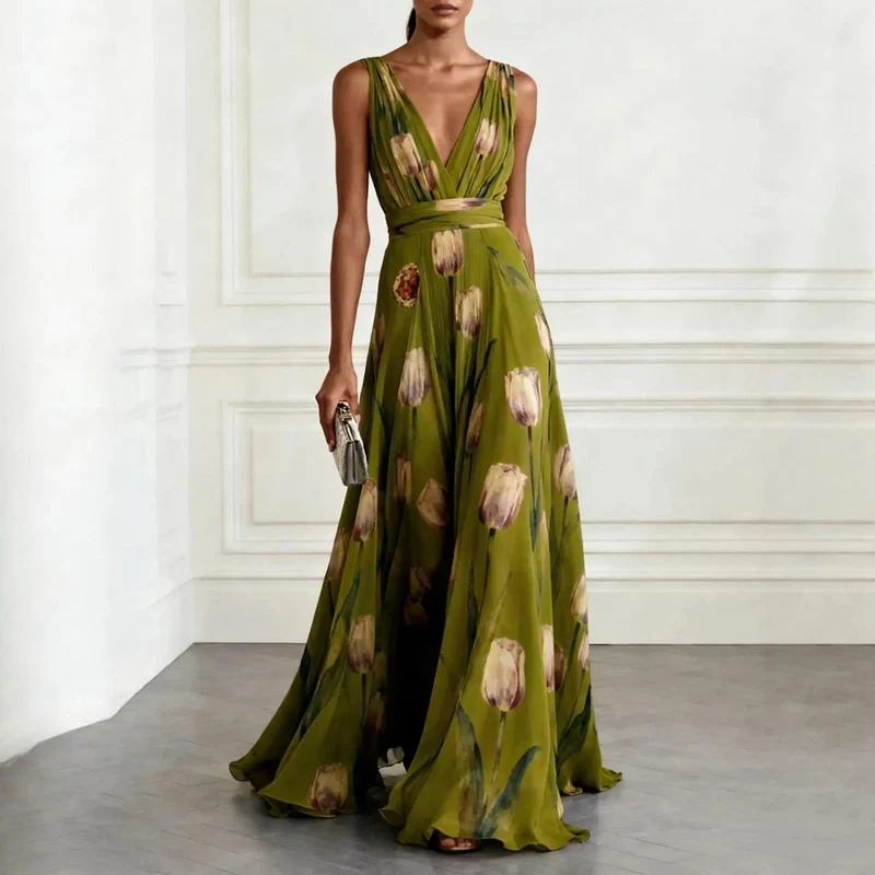 Luisa | Damen Tulpen-Print Chiffon V-Ausschnitt Maxi-Kleid