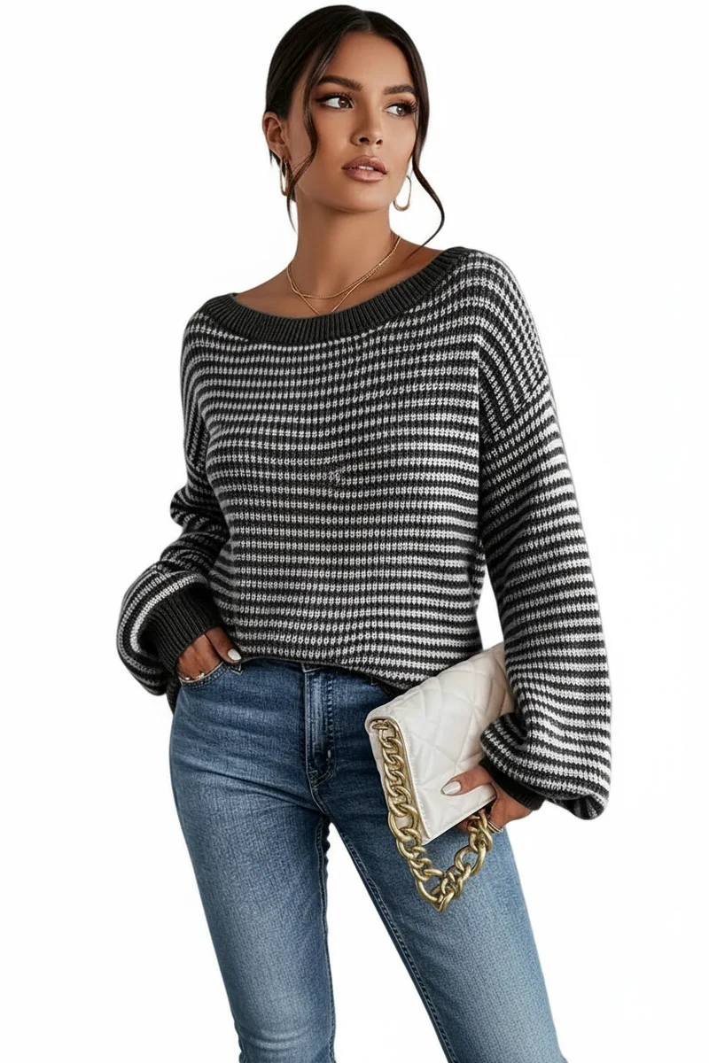 Damen Strickpullover mit Streifenmuster und Rippabschlüssen