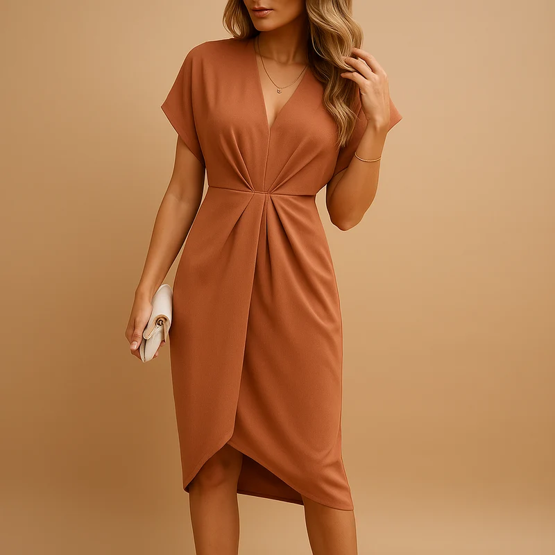 Damen Midi-Kleid mit V-Ausschnitt, Flügelärmeln und geraffter Taille