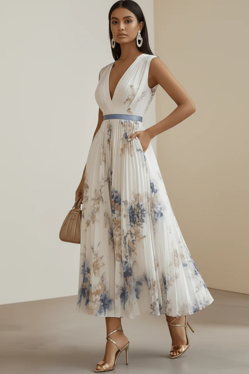Damen Kleid mit V-Ausschnitt und plissiertem Rock