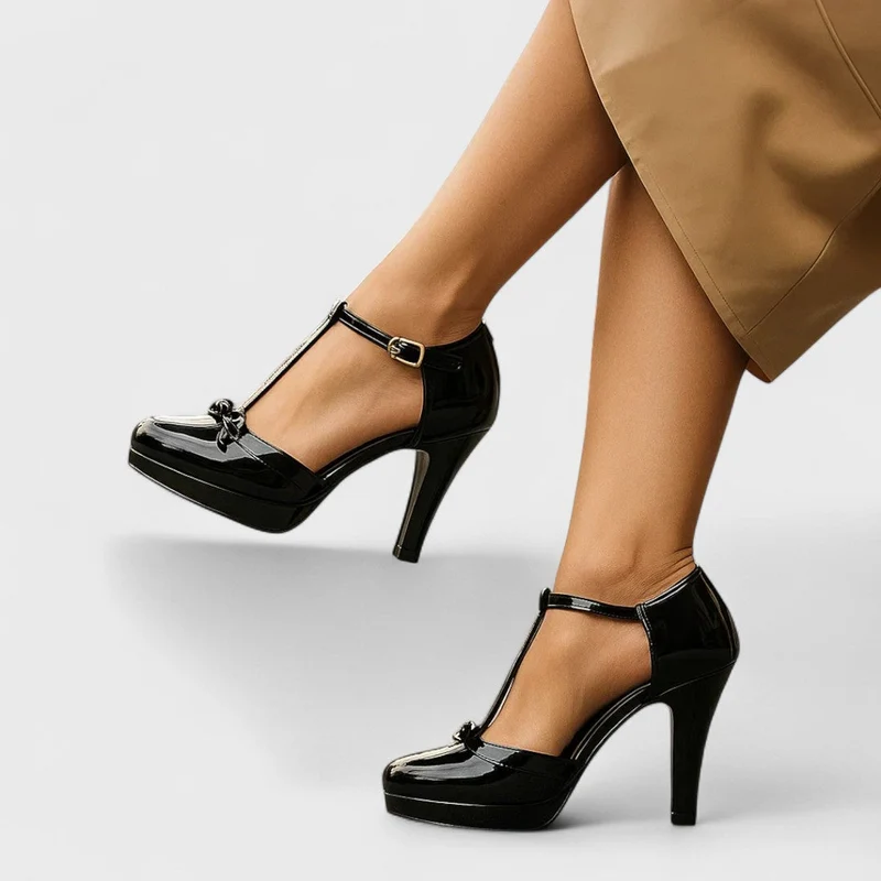 Damen Pumps mit T-Riemen und Schnallenverschluss