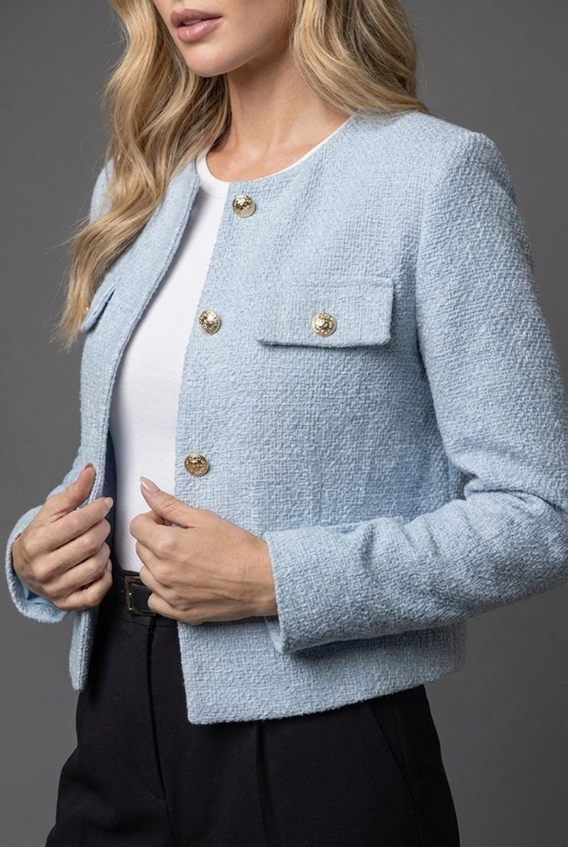 Hannah | Damen Blazer Kurz Tweed Rundausschnitt Goldknöpfe