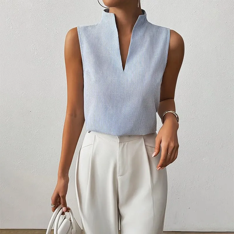 Clara | Damen Bluse ärmellos gestreift V-Ausschnitt