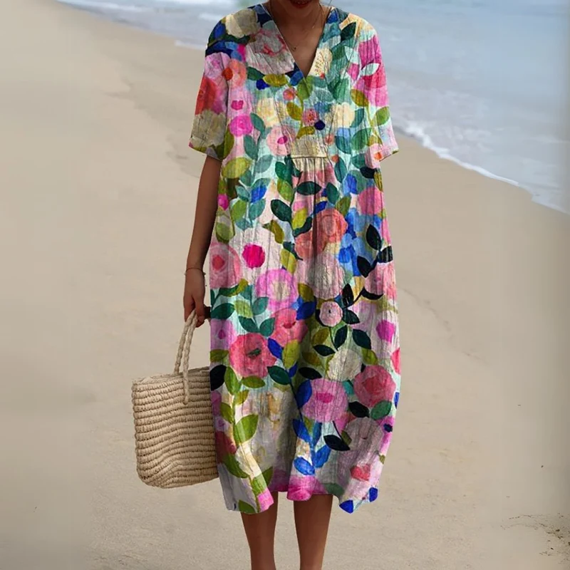 Johanna | Damen Blumen V-Ausschnitt Kurzarm Midi Sommerkleid