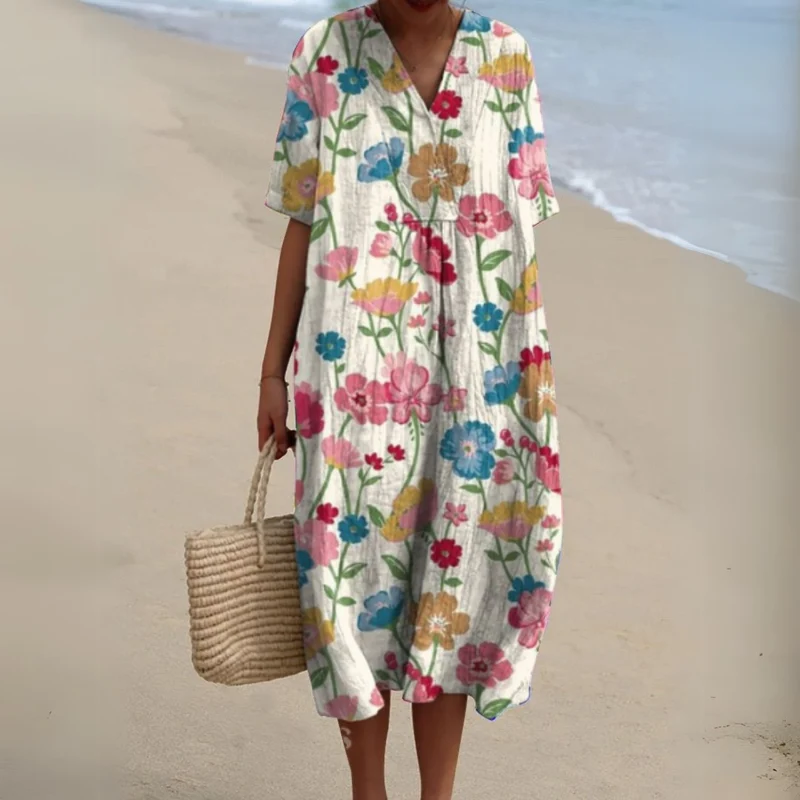 Johanna | Damen Blumen V-Ausschnitt Kurzarm Midi Sommerkleid