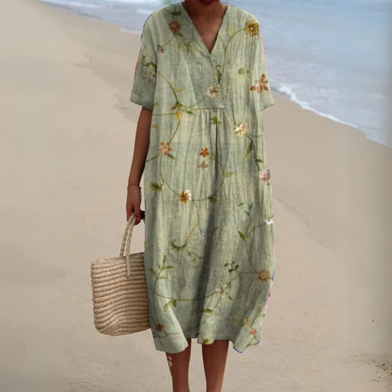 Johanna | Damen Blumen V-Ausschnitt Kurzarm Midi Sommerkleid