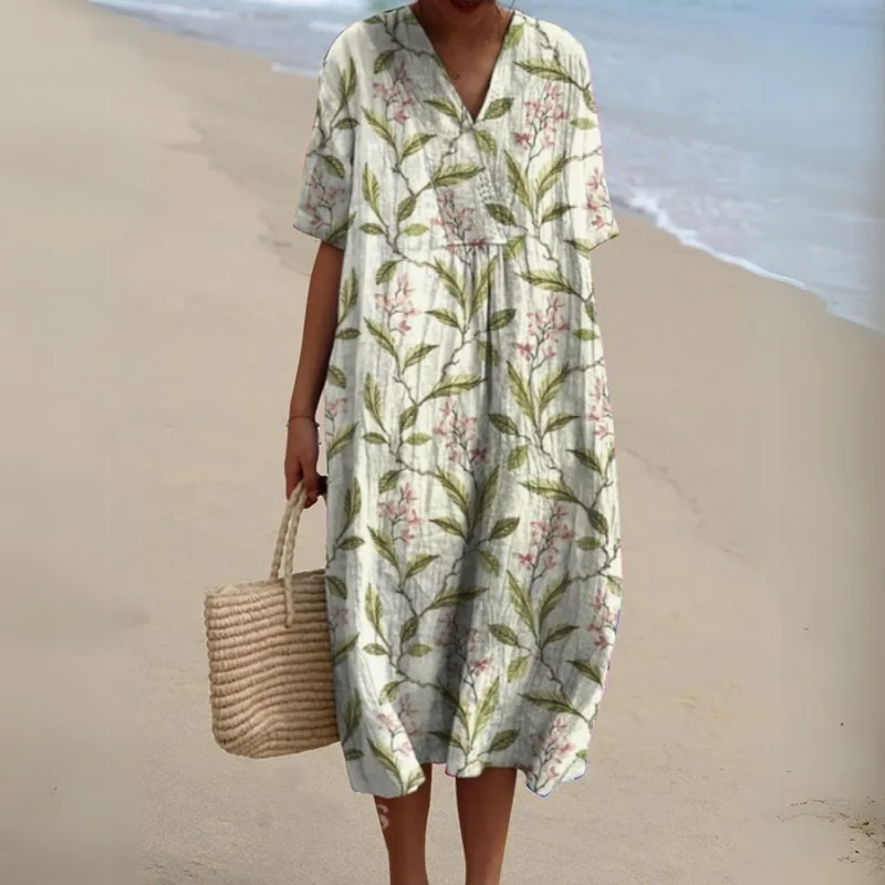 Johanna | Damen Blumen V-Ausschnitt Kurzarm Midi Sommerkleid