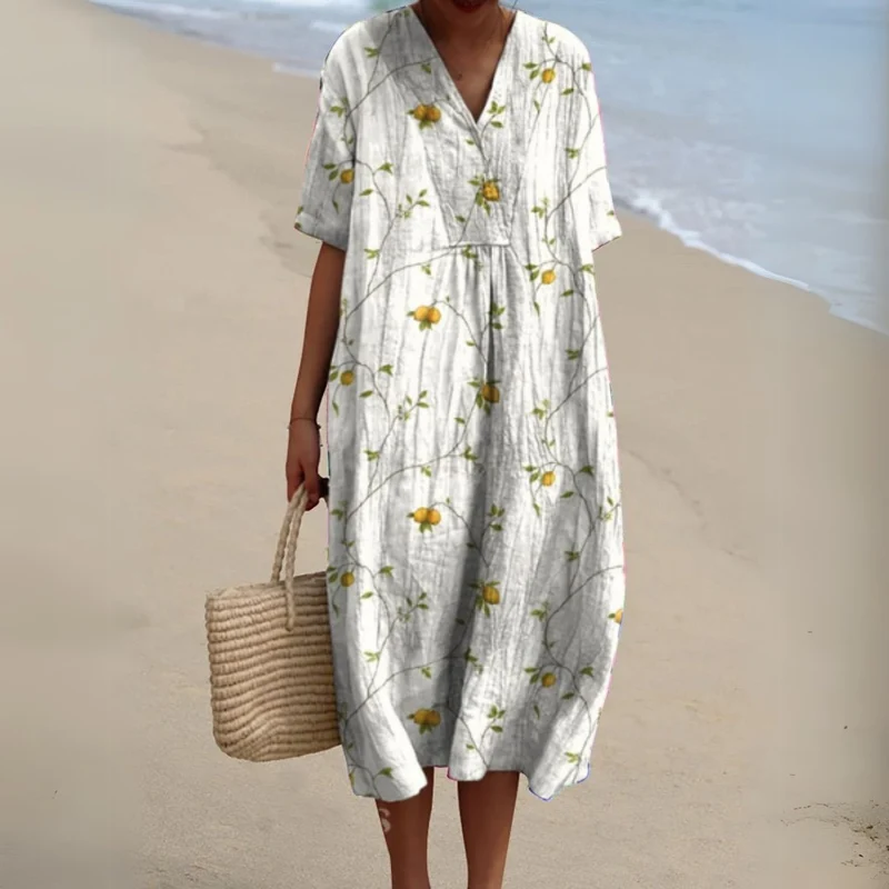 Johanna | Damen Blumen V-Ausschnitt Kurzarm Midi Sommerkleid