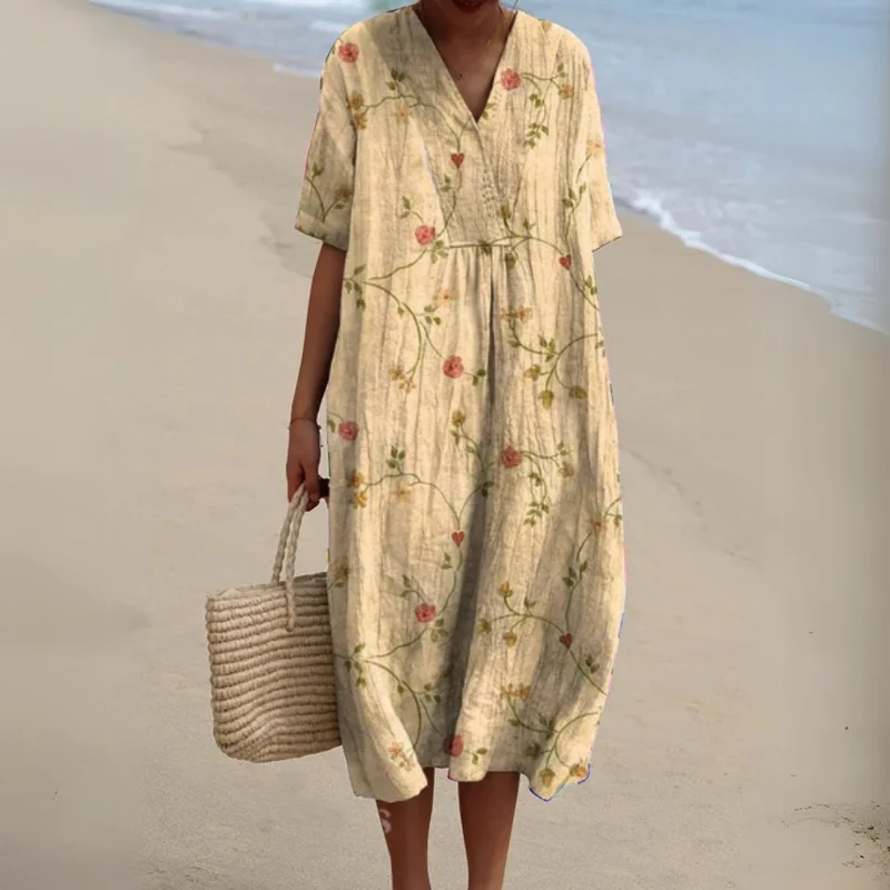 Johanna | Damen Blumen V-Ausschnitt Kurzarm Midi Sommerkleid