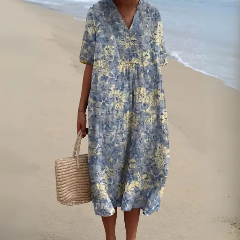 Johanna | Damen Blumen V-Ausschnitt Kurzarm Midi Sommerkleid